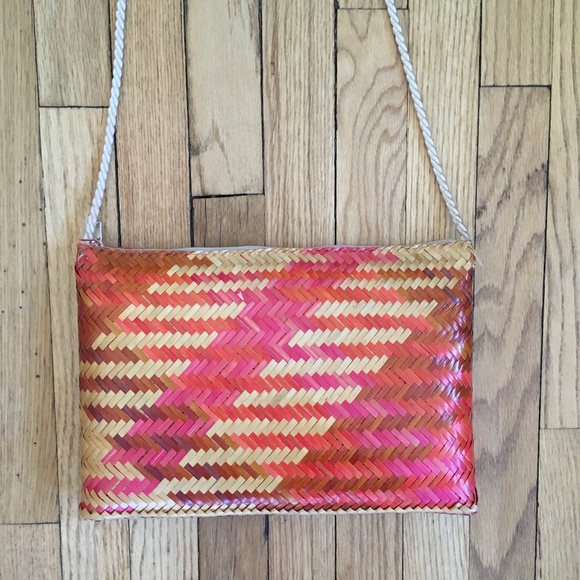 Anthropologie Handbags - Woven Straw Crossbody Bag in Pink, Orange, Tan